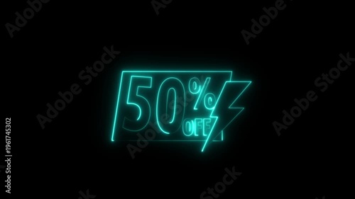 Neon 50 percent off sale sign glowing blue digital discount banner advertisement neon sign 50% off.