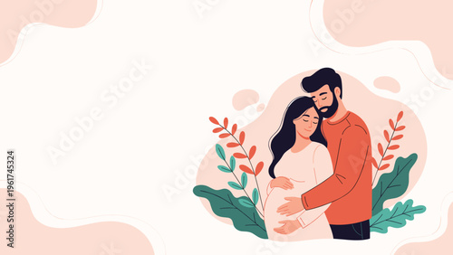 Loving bearded man embraces his pregnant wife with tenderness while standing against abstract background with plants during their pregnancy journey.
