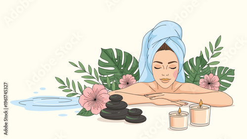 Beautiful young woman relaxes with closed eyes at luxury spa center featuring tropical leaves pink flowers massage stones and scented candles decoration.