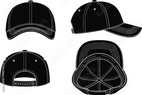 Black baseball cap icons set, front side back bottom views, stitched brim adjustable strap, fashion accessory design illustration