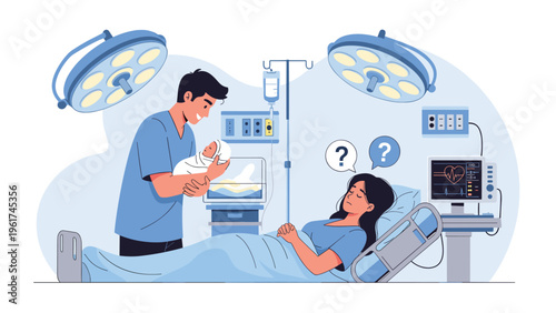 Happy father holds newborn baby wrapped in blanket while mother rests in hospital bed after successful delivery in medical labor ward with monitors.