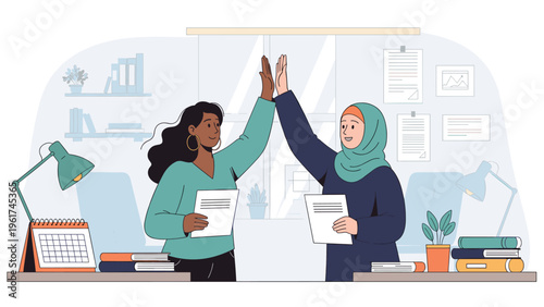 Diverse female colleagues including woman in hijab celebrate success with high five gesture while working together in a modern office environment.