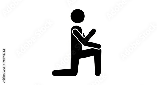 Stick figure kneeling in prayer or supplication, isolated on white.