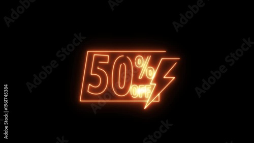Neon 50 percent off sale sign glowing in dark minimalist style for retail marketing advertising promotions.