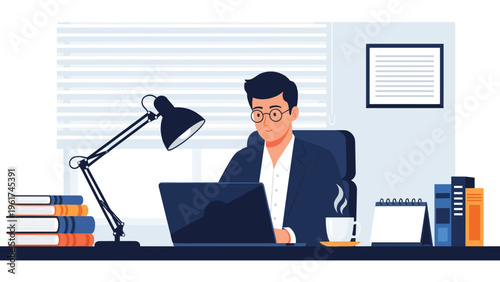 Focused young man in glasses works on laptop at home office desk with stacks of books lamp and cup of coffee during a productive remote work session.