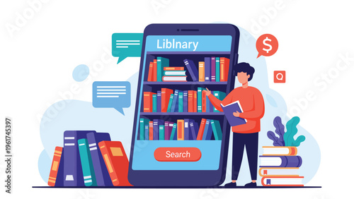 Student stands next to giant smartphone with digital library on screen picking out book for reading illustrating modern online education technology.