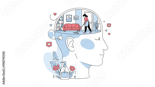 Silhouette of human head containing woman cleaning living room represents mental health care mindfulness and clearing thoughts for inner wellness.