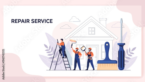 Professional construction workers painting and repairing house with giant tools like screwdriver and brush symbolizing expert home renovation services.