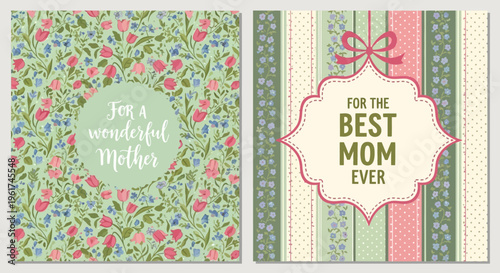 Floral Mother's Day Card Designs 'For a Wonderful Mother' and 'For the Best Mom Ever' with Decorative Borders and Ribbons