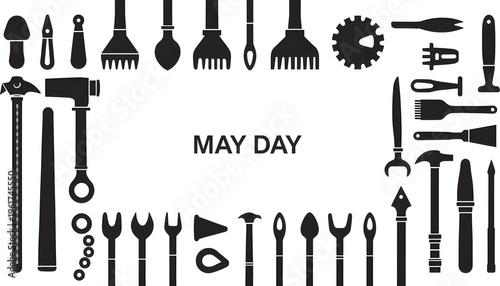 A collection of various tools arranged around the words May Day on a white background
