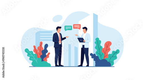 Two professional businessmen standing and talking with colorful speech bubbles representing corporate communication and networking in office park.