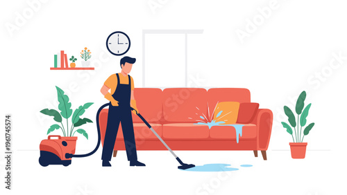 Professional male cleaner in overalls using vacuum to clean water spill on orange sofa inside modern living room with clock and green plants decoration.