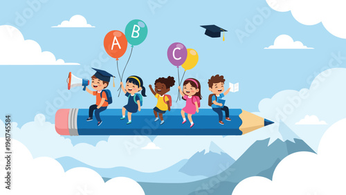 Group of happy multicultural school children sitting on giant blue pencil flying through sky representing imagination and an educational journey.