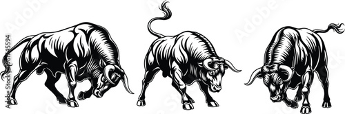 Bull silhouettes vector, charging bull icons, aggressive animal illustration, muscular strength graphic, financial market symbol, sports mascot design, power concept set