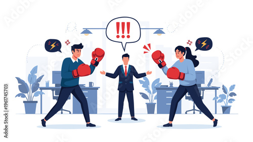 Professional mediator separating two office workers wearing boxing gloves trying to fight during workplace conflict in corporate office setting.
