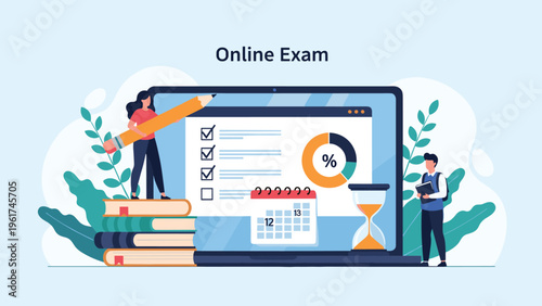 Students taking online exam on laptop with timer calendar and stacks of books illustrating e-learning technology and academic testing process.