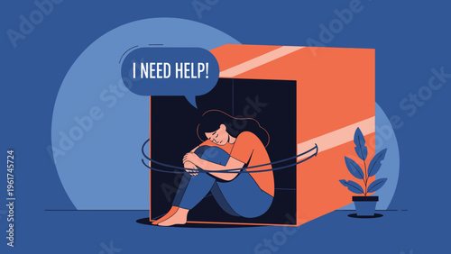 Sad woman sitting alone inside small cardboard box with speech bubble saying I need help representing mental health issues and social isolation.