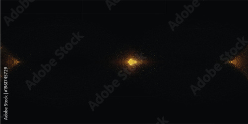 Golden abstract bokeh lights and shapes on black background, festive glitter particles, bright glowing flares, dark background effect, light effect