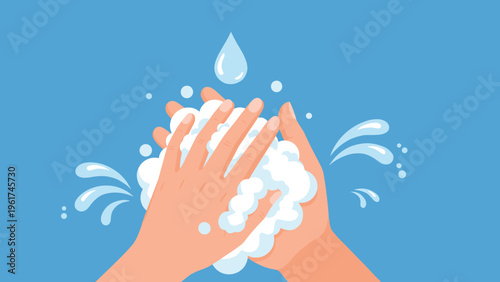 Close up view of hands being washed with plenty of soap foam and water bubbles on blue background emphasizing importance of personal hygiene.