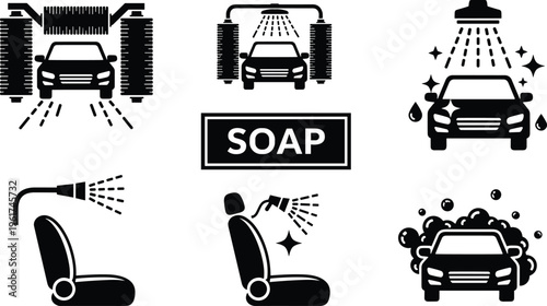 Car wash icons vector, cleaning service silhouettes, soap graphic illustration, vehicle care design, automotive maintenance symbol, car detailing art set