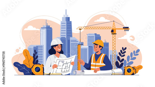 Male and female engineers wearing hard hats discuss blueprint at construction site with cranes and skyscrapers in background for city project.