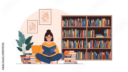 Young woman sitting cross legged on floor reading book in front of large library bookshelf at home representing a quiet hobby and education.