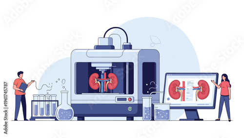 Scientists in laboratory using advanced 3D printer to create functional human kidneys for medical transplant research and biotechnology breakthrough.