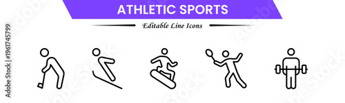 Athletic Sports Icons vector illustration with thin line contains a medal, football, basketball, cycling, athlete, racket, table tennis, sparing, cardio, gym, weight training, golf, volleyball