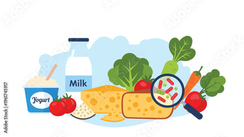 Magnifying glass inspecting cheese and vegetables for harmful bacteria and germs illustrating food safety and quality control standards daily.