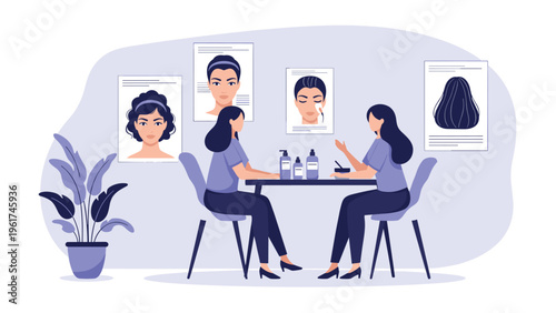 Two women sitting at table in beauty salon discussing hair styles with posters of different haircuts on wall during professional consultation session.
