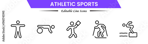 Athletic Sports Icons vector illustration with thin line contains a medal, football, basketball, cycling, athlete, racket, table tennis, sparing, cardio, gym, weight training, golf, volleyball
