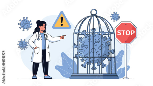 Dedicated female doctor in a lab coat pointing at a captured coronavirus specimen inside a metal cage to stop the global pandemic crisis.