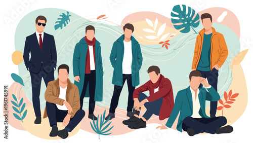 Group of stylish diverse men wearing various casual and formal winter fashion outfits standing together against a decorative background.