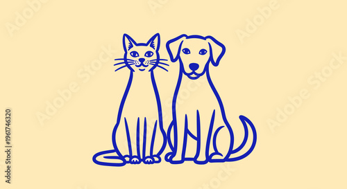 Simple line illustration of a domestic cat and a loyal dog, sitting together, symbolizing harmony, companionship, and the joy of pets