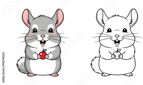 Cute Cartoon Chinchilla Character Holding a Red Apple - Set of Full Color and Black and White Line Art Illustration for Kids Coloring Book Page and Educational Vector Design