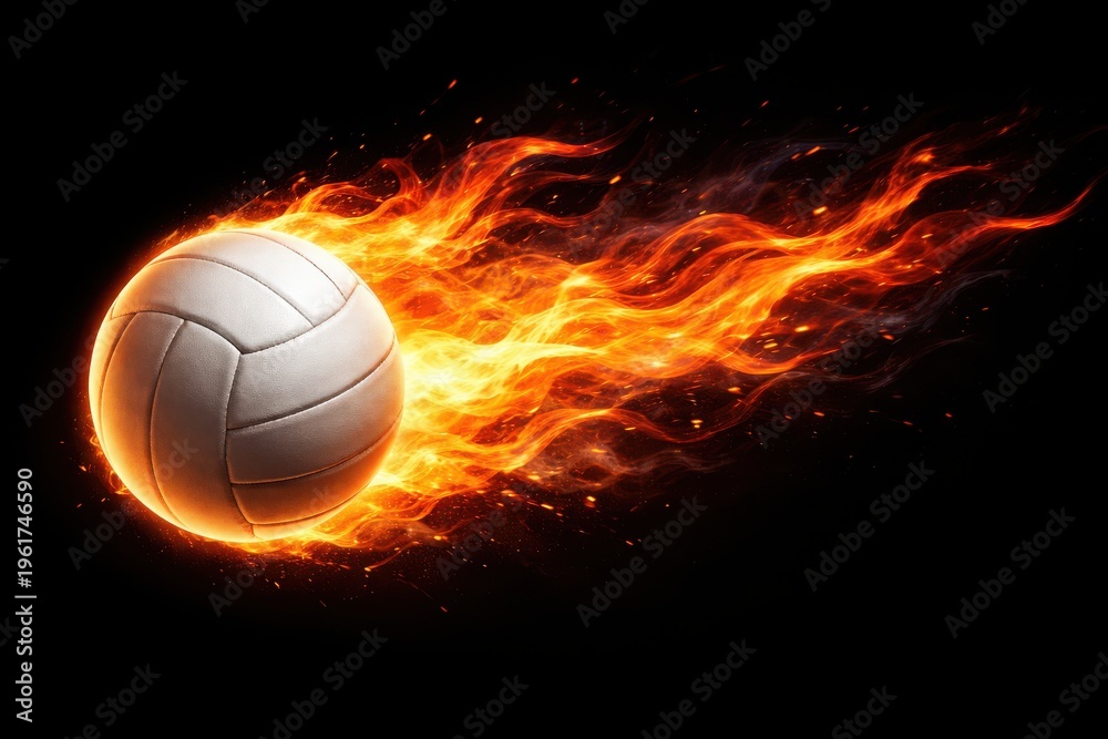 Fototapeta premium White volleyball ball flying through black space with intense orange fire trail and heat.