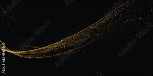 Golden abstract ribbon wave on black background with sparkling particles, flowing light stream, energetic motion effect, celebratory shimmer
