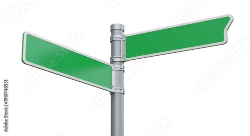 Empty green street sign with arrows pointing in opposite directions on a white background