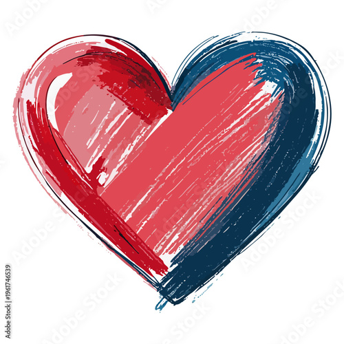 白背景に描かれた赤と青の手描きハート