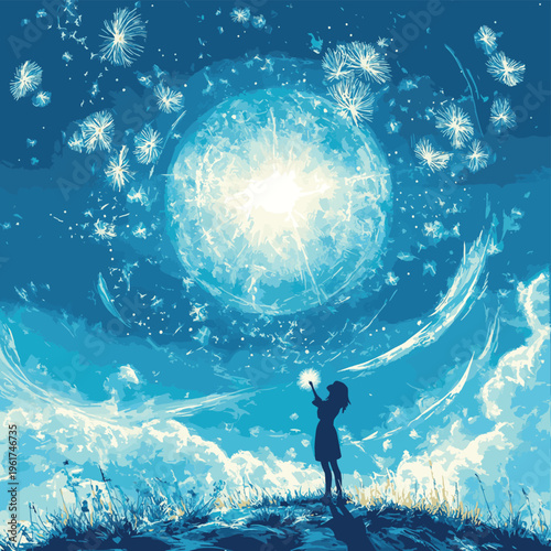 Person blows dandelion seeds into sky near planet Earth