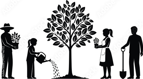 Gardening teamwork illustration, people planting trees, watering plants, shovel work, environmental care, nature growth, sustainability, eco friendly design, family gardening activity