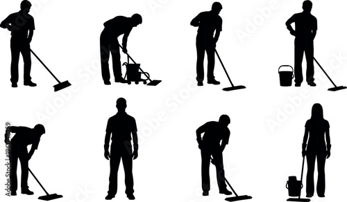 Cleaning staff silhouettes collection with janitors mopping floor and carrying equipment, professional housekeeping workers black shapes isolated on white background for maintenance service design