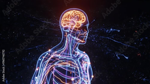 Neon Neural Figure Expressing Brain Energy In Motion.