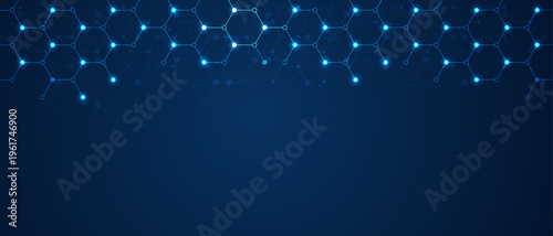 Hexagons pattern on blue background. Genetic research, molecular structure. Chemical engineering. Concept of innovation technology. Used for design healthcare, science and medicine background