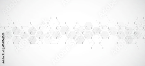 Hexagons pattern on gray background. Genetic research, molecular structure. Chemical engineering. Concept of innovation technology. Used for design healthcare, science and medicine background