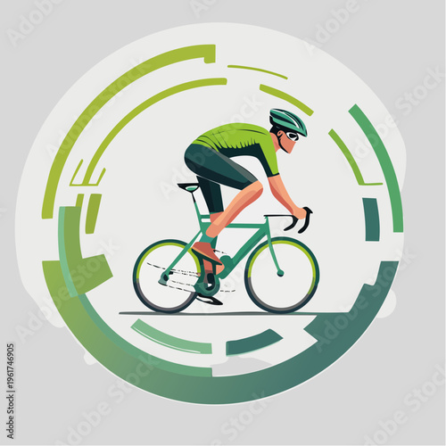 Illustration of a cyclist riding a bicycle on a green background with abstract circular design elements