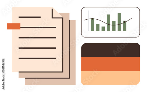 Data analytics, business reporting, branding, marketing strategies, financial planning, visual design concepts. A document, bar graph and color palette. Data analytics and business reporting