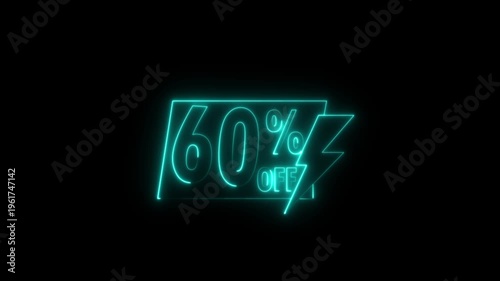 Blue neon 60 percent sale sign with percentage symbol and lightning bolt glowing in dark background for retail discount promotion advertising.