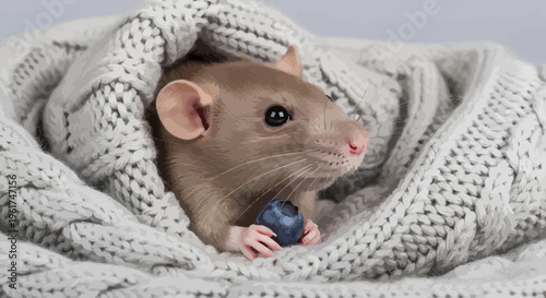 Adorable tan rat peeking out from a cozy knitted blanket, holding a single blueberry in its tiny paws