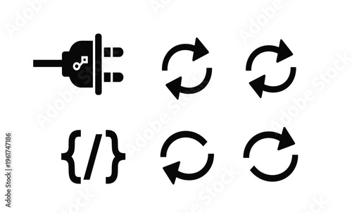 Black icons of coding symbols.
